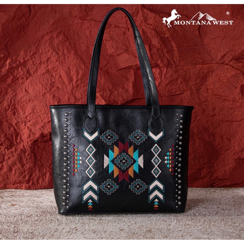 NWT Montana West Black Embroidered Southwestern Studded Tote Bag Concealed Carry